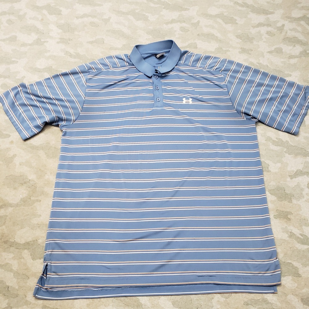 Under Armour Polo Shirt Mens XL Blue Striped Golf Performance Short Sleeve